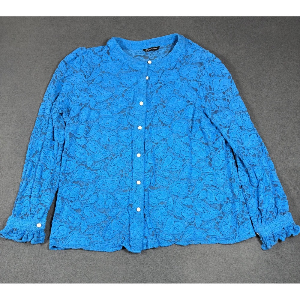 PrettyGarden Lace Button Up Blouse Womens Large Blue Floral Long Sleeve Ruffle